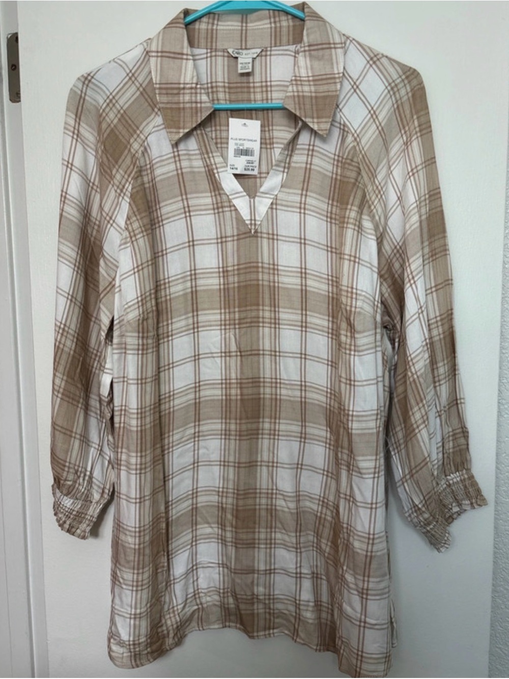 Cato Beige and White Plaid Button-Down Shirt